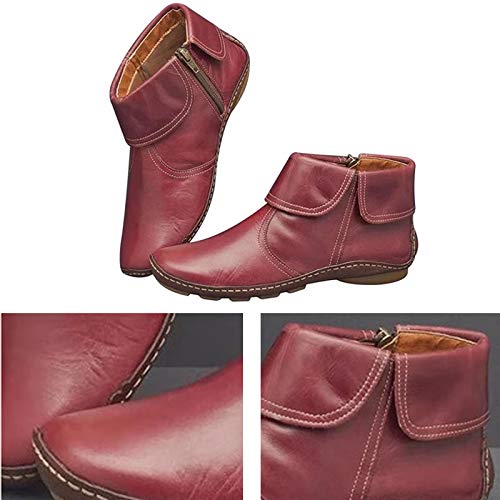 Abracing Mujer Cuero PU Botas Redondo Del Dedo Del Lado Cremallera Caliente Resistente al Agua Casual Botines, Rojo, 37
