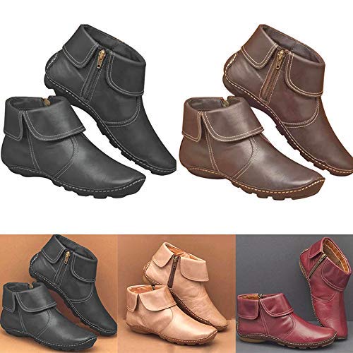Abracing Mujer Cuero PU Botas Redondo Del Dedo Del Lado Cremallera Caliente Resistente al Agua Casual Botines, Rojo, 37