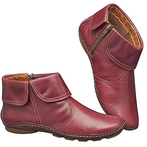 Abracing Mujer Cuero PU Botas Redondo Del Dedo Del Lado Cremallera Caliente Resistente al Agua Casual Botines, Rojo, 37