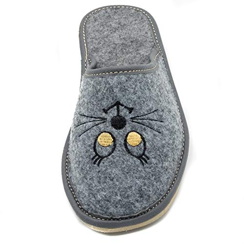 ABsoft - Pantuflas para mujer de 100 % fieltro con gatos bordados, color Gris, talla 37 EU
