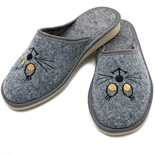 ABsoft - Pantuflas para mujer de 100 % fieltro con gatos bordados, color Gris, talla 37 EU