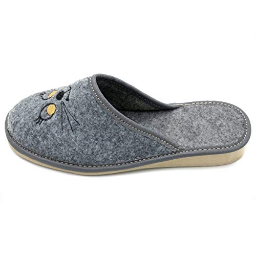 ABsoft - Pantuflas para mujer de 100 % fieltro con gatos bordados, color Gris, talla 37 EU