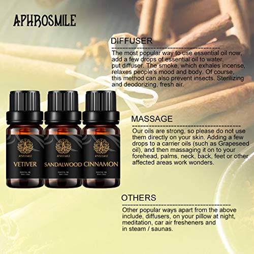 Aceites esenciales de aromaterapia Set - 100% puro de sándalo canela Vetiver aceites esenciales Kit, grado terapéutico aromaterapia sándalo aceites perfumados fijó para el difusor, masaje 3x10 ml