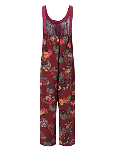 ACHIOOWA Mono para Mujer Peto de Pantalones Flor Impresa Casual Ajustable Correa Rompers Largo Sin Mangas Monos de harén Mono de Pierna Ancha Overalls con Bolsillo F-Rojo XXL