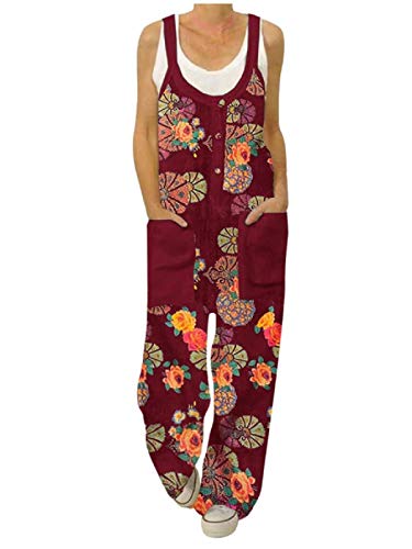ACHIOOWA Mono para Mujer Peto de Pantalones Flor Impresa Casual Ajustable Correa Rompers Largo Sin Mangas Monos de harén Mono de Pierna Ancha Overalls con Bolsillo F-Rojo XXL