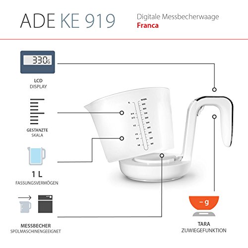 ADE Báscula digital de cocina con vaso medidor KE919 Franca. Balanza electrónica de cocina especialmente para pesar y medir liquidos. Vaso extraíble. Incluye baterias.Blanco y negro
