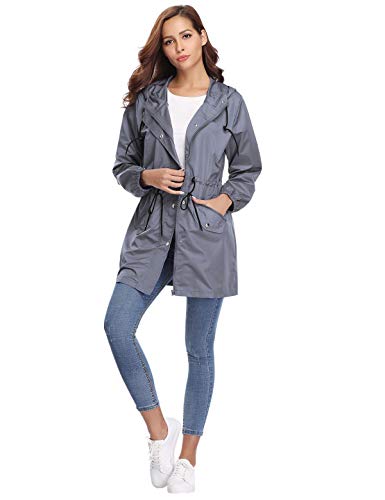 Aibrou Chaqueta impermeable con capucha para mujer, Cazadora ligera impermeable al aire libre , Gris , XXL