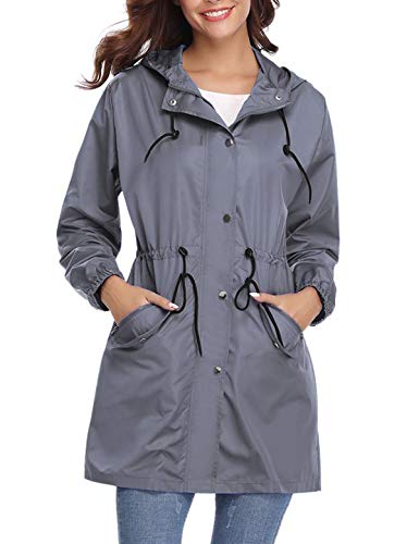 Aibrou Chaqueta impermeable con capucha para mujer, Cazadora ligera impermeable al aire libre , Gris , XXL