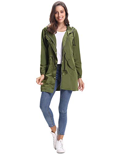 Aibrou Chaqueta Impermeable mujer,Chaqueta Cortavientos Running Abrigo Impermeable con Capucha Chubasquero impermeable Deportivo Chuvasqueros de lluvia Primavera , Ejercito Verde , M