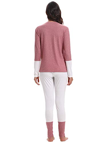 Aibrou Pijamas Mujer Algodón Invierno 2 Piezas,Ropa de Casa Dormir Casual Camiseta y Pantalones Largo Conjuntos Suave y Comodo S-XXL