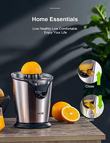 AICOK Exprimidor Eléctrico de Naranjas con 2 Conos de Tamaño, 100 W Exprimidor Eléctrico con Motor Ultra Silencioso y Función Antigoteo, Exprimidor Apto para Lavavajillas, Acero Inoxidable, Sin BPA