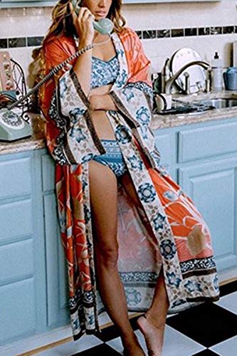 AiJump Vestido de Playa Floral Kimono para Bañador Pareos Camisa Larga de Verano Cover Ups para Mujer