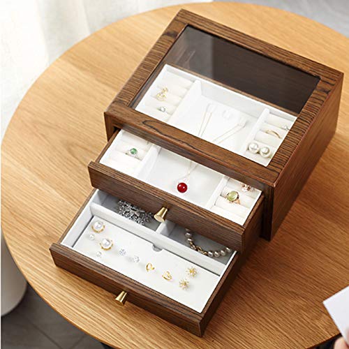 AINH Partición Caja De Almacenaje para Pendiente De Pulsera,Gran Capacidad Organizador De Joyas con 2 Cajones,2-Capa De Madera Caja De Joyería con Tapa De Vidrio-B 25x20x13cm