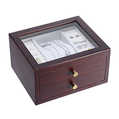 AINH Partición Caja De Almacenaje para Pendiente De Pulsera,Gran Capacidad Organizador De Joyas con 2 Cajones,2-Capa De Madera Caja De Joyería con Tapa De Vidrio-B 25x20x13cm