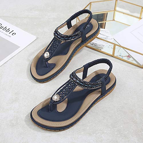 AIni Sandalias Mujer Verano Planas Ofertas Damas Rhinestone Weave Tiras Cruzadas Toe Retro Roman Shoes Sandalias Pisos Zapatos De Mujer CóModos con Plataforma Sandalias Azul,NegroDia De Miembro36-44