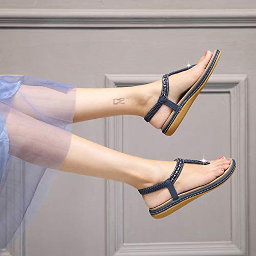 AIni Sandalias Mujer Verano Planas Ofertas Damas Rhinestone Weave Tiras Cruzadas Toe Retro Roman Shoes Sandalias Pisos Zapatos De Mujer CóModos con Plataforma Sandalias Azul,NegroDia De Miembro36-44