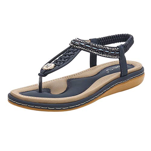 AIni Sandalias Mujer Verano Planas Ofertas Damas Rhinestone Weave Tiras Cruzadas Toe Retro Roman Shoes Sandalias Pisos Zapatos De Mujer CóModos con Plataforma Sandalias Azul,NegroDia De Miembro36-44
