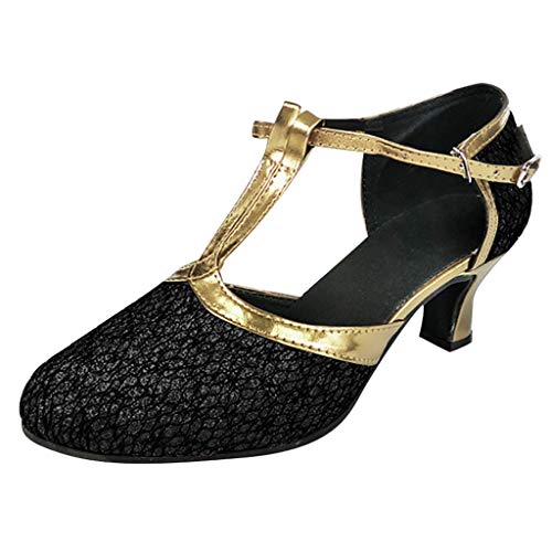 AIni Zapatos de Baile Latino para Mujer Tacones de Alto Rendimiento Zapatos con Hebilla Redonda Zapatos de Vestir Vintage Zapatos de Baile de Moda Talla Grande Negro, Plata, Oro, Azul, Café 35-41 EU