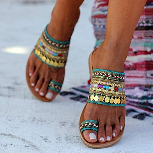 AIni Zapatos De Playa Verano Mujer Sandalias Estampadas Estilo Etnico Sandalias Bohemias Zapatillas Planas De TacóN Bajo Zapatos Planos De Estilo Europeo Y Americano Sandalias De Punta Abierta 35-43