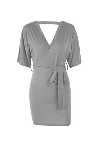 Ajpguot Verano Mujer Color Sólido Vestido de Cadera Cuello Sexy V-Cuello Manga Corta Vestidos con Cinturón Mini Dress Elegante Bodycon Corto Vestidos de Fiesta (S, Gris)