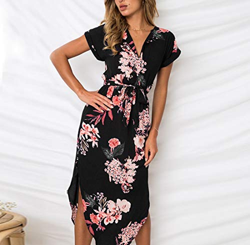 Ajpguot Vestido de Verano Mujer Impresión Midi Vestidos de Playa Elegante Largo Vestido de Fiesta V-Cuello Manga Corta Vestido con Cinturón (3XL, 0894 Negro)
