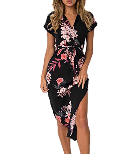 Ajpguot Vestido de Verano Mujer Impresión Midi Vestidos de Playa Elegante Largo Vestido de Fiesta V-Cuello Manga Corta Vestido con Cinturón (3XL, 0894 Negro)
