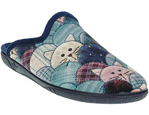 ALBEROLA A_21376 Zapatilla Chinela de IR por Casa para Mujer | Gatos Aterciopelada Llana Azul Talla 39