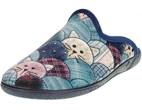 ALBEROLA A_21376 Zapatilla Chinela de IR por Casa para Mujer | Gatos Aterciopelada Llana Azul Talla 39