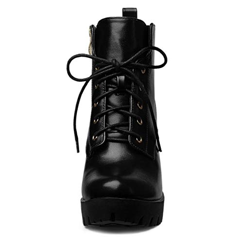 Allegra K Botas con Plataforma Cordón Arriba Tacón Grueso Punta Redonda para Mujeres - Negro/US 6, EU 36