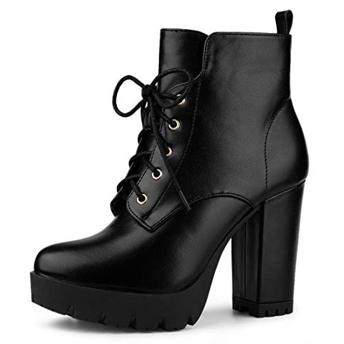 Allegra K Botas con Plataforma Cordón Arriba Tacón Grueso Punta Redonda para Mujeres - Negro/US 6, EU 36