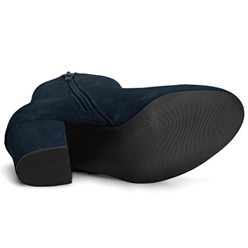 Allegra K Botines De Tacón Grueso con Cremallera Lateral Punta Redonda para Mujeres - Azul Marino/US 9, EU 40