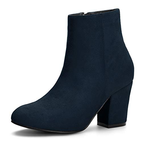 Allegra K Botines De Tacón Grueso con Cremallera Lateral Punta Redonda para Mujeres - Azul Marino/US 9, EU 40