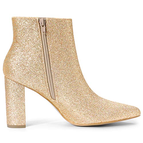 Allegra K Botines De Tobillo Tacón Grueso con Punta Puntiaguda De Brillo para Mujer Oro 35 EU