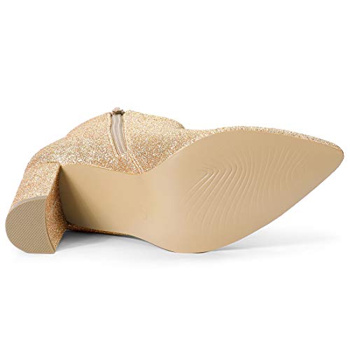 Allegra K Botines De Tobillo Tacón Grueso con Punta Puntiaguda De Brillo para Mujer Oro 35 EU