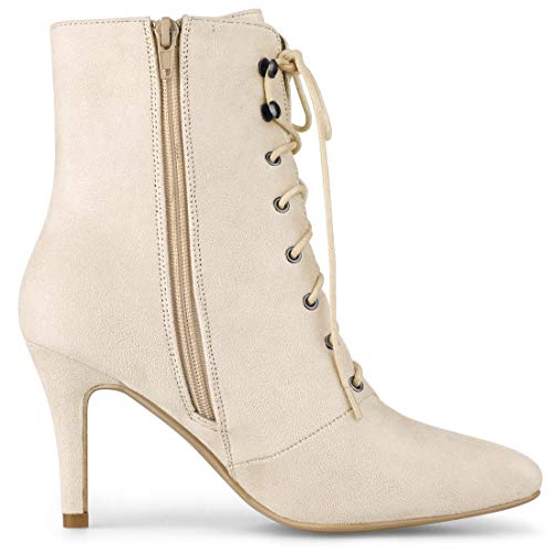 Allegra K Botines Tacón De Aguja Punta Estrecha Cordón Arriba Cremallera para Mujeres Beige 41
