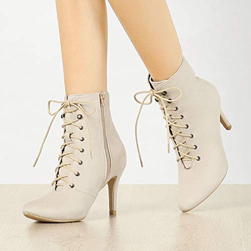 Allegra K Botines Tacón De Aguja Punta Estrecha Cordón Arriba Cremallera para Mujeres Beige 41