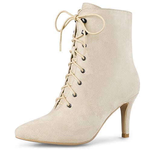 Allegra K Botines Tacón De Aguja Punta Estrecha Cordón Arriba Cremallera para Mujeres Beige 41