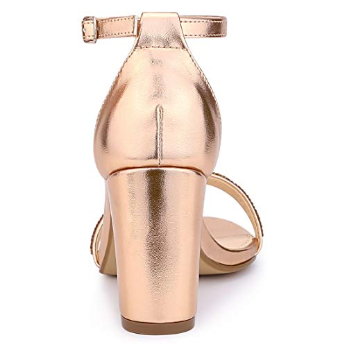 Allegra K Sandalias Tacones Gruesos Diamantes de imitación Correa de Tobillo para Mujer Oro Rosa 36