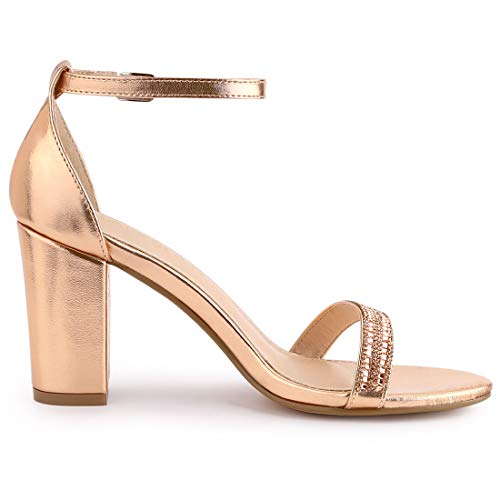 Allegra K Sandalias Tacones Gruesos Diamantes de imitación Correa de Tobillo para Mujer Oro Rosa 36