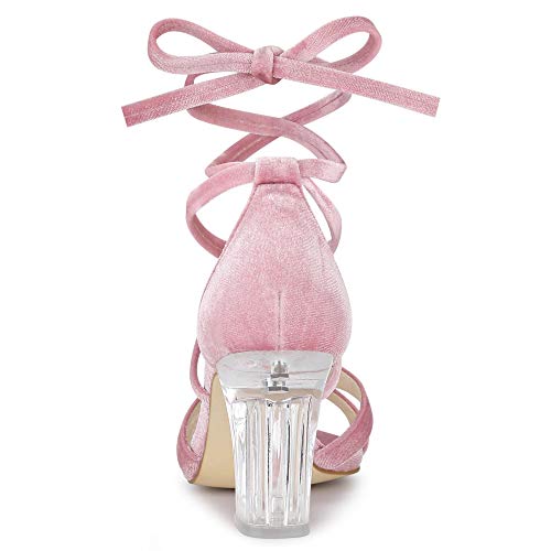 Allegra K Sandalias Terciopelo Tacón De Bloque Transparente Cordón Arriba para Mujeres Rosa 39