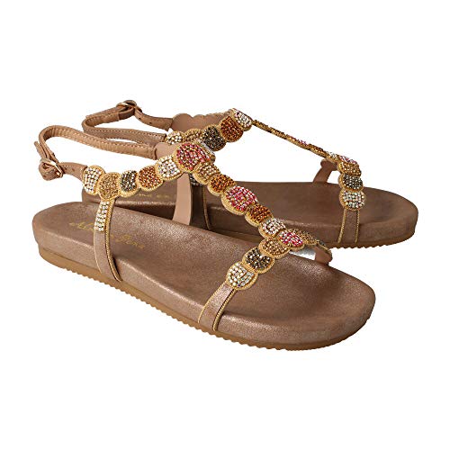 Alma en Pena V20831 - Sandalia DE CUÑA Baja con Pedreria EN Metalizado Bronce para Mujer Color: METALICO Talla: 40