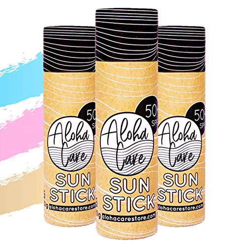 Aloha Sun Stick SPF 50+ | Protector solar mineral teñido para el surf | Tubo de papel ecológico | 3 x 20g (3-pack) - Azul + Rosa + Beige
