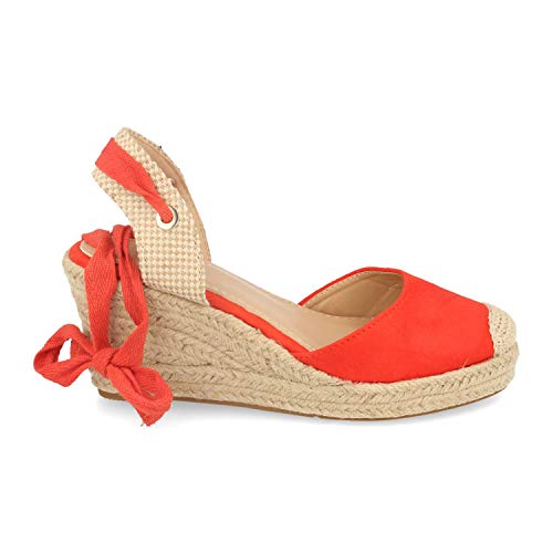 Alpargata de Mujer con Cuna de Yute, Pala Cerrada, Talon Abierto y Cierre de Cordones en el Tobillo. Primavera Verano 2020. Talla 38 Naranja