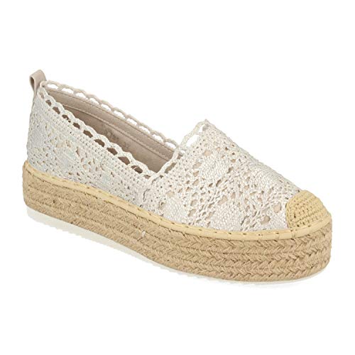 Alpargata de Plataforma para Mujer con Yute, Corte con Encaje de Punto, Punta Crochet y Suela Confort de Goma Eva. Primavera Verano 2020. Talla 39 Plata