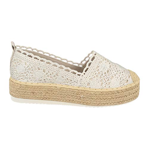 Alpargata de Plataforma para Mujer con Yute, Corte con Encaje de Punto, Punta Crochet y Suela Confort de Goma Eva. Primavera Verano 2020. Talla 39 Plata
