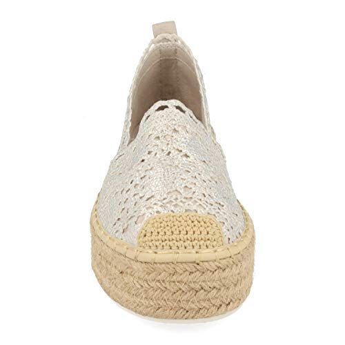 Alpargata de Plataforma para Mujer con Yute, Corte con Encaje de Punto, Punta Crochet y Suela Confort de Goma Eva. Primavera Verano 2020. Talla 39 Plata