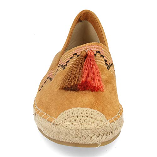 Alpargata Plana Estilo Retro para Mujer. con Suela de Yute, Adorno Cosido, Borlas y Puntera Crochet. Primavera Verano 2020. Talla 38 Camel