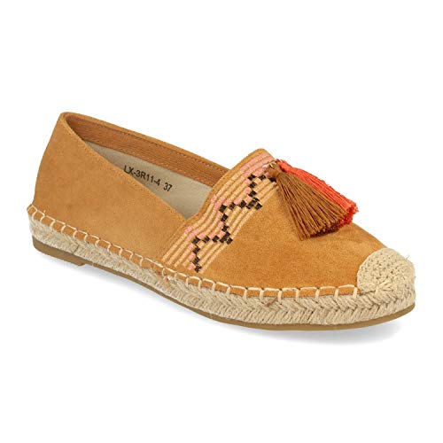 Alpargata Plana Estilo Retro para Mujer. con Suela de Yute, Adorno Cosido, Borlas y Puntera Crochet. Primavera Verano 2020. Talla 38 Camel
