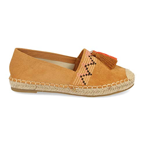 Alpargata Plana Estilo Retro para Mujer. con Suela de Yute, Adorno Cosido, Borlas y Puntera Crochet. Primavera Verano 2020. Talla 38 Camel