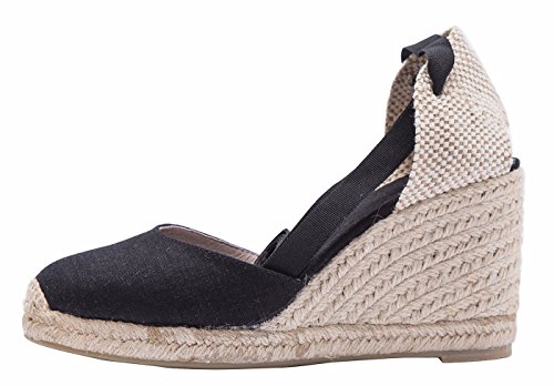 Alpargatas con tacón de cuña de Denim clásico para Mujer con Tiras con Cordones Negro39